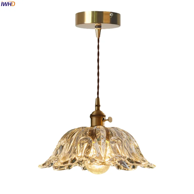 

IWHD Copper Glass LED Hanging Lamps Bedroom Living Dining Room Table Light Home Decoration Vintage Pendant Lighting Hanglamp