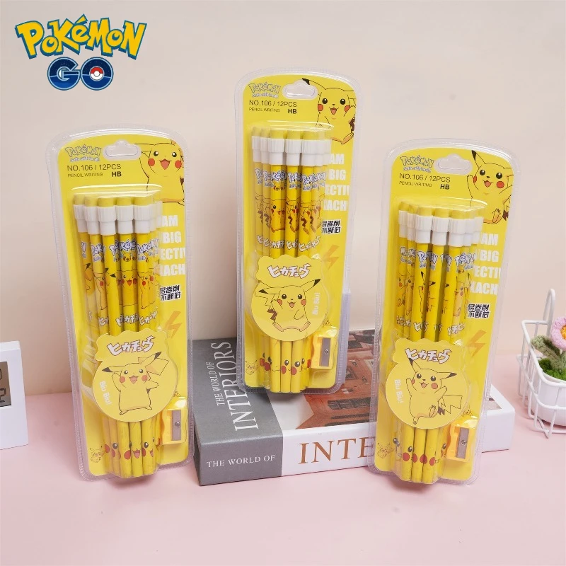 12pcs pokemon pencil with Eraser Pencil Sharpener cute pikachu Anime Figure School Supplies Office Stationery Kawaii Tools Gifts