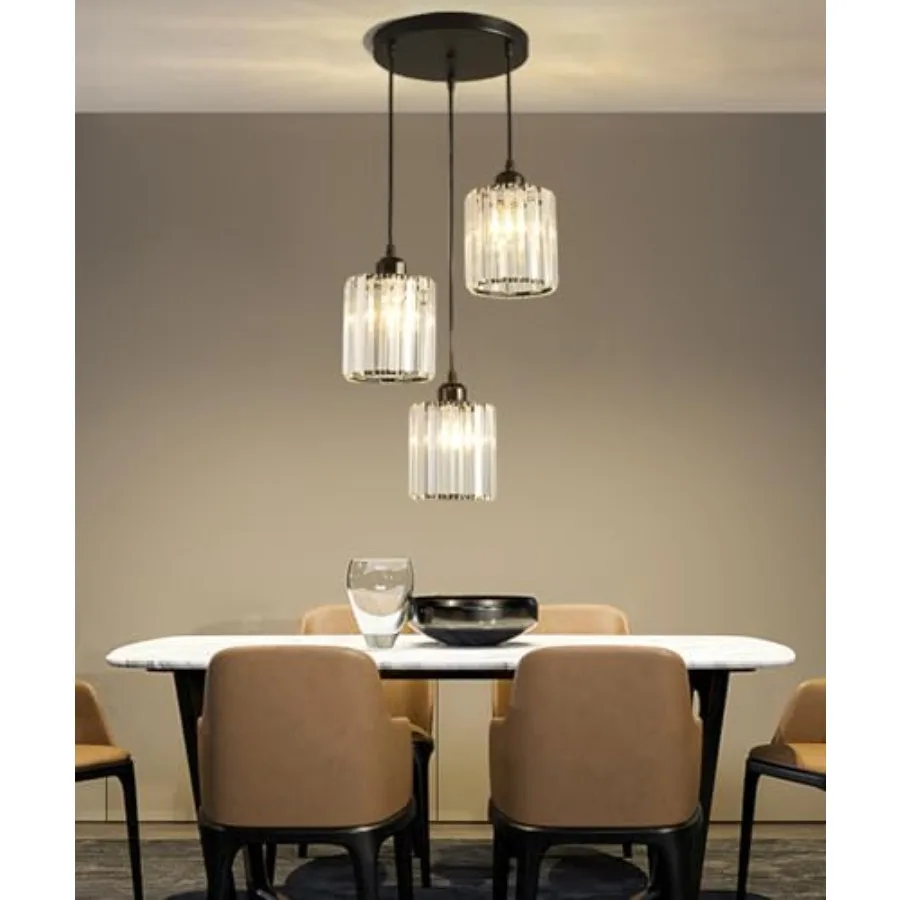 

Crystal Pendant Black Light Cluster Ceiling, Modern Hanging Light Fixture for Kitchen Island, Adjustable Round Chandelier for F