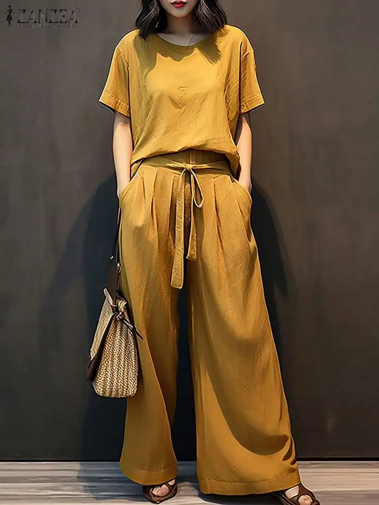 Fashion Short Sleeve Blouse Wide Leg Pants Sets Casual Loose Trousers Suits 2024 ZANZEA Summer Urban Tracksuit Work Outifits