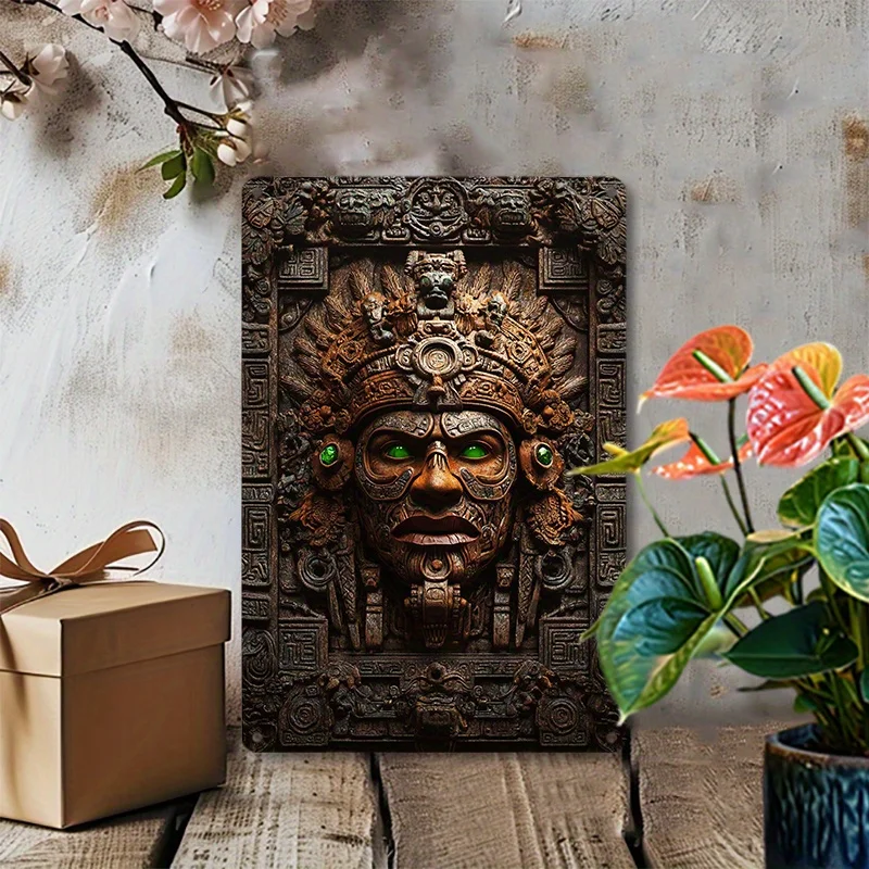 Vintage Mayan King Mask Aluminum Wall Art, Rust-Resistant Metal Sign for Bedroom, Conference Room & Outdoor Decor