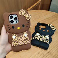 Cute 3D Cartoon Leopard Print Hello Kitty Phone Case For iPhone 16 15 14  Plus 13 12 Pro Max Soft Silicone Cover