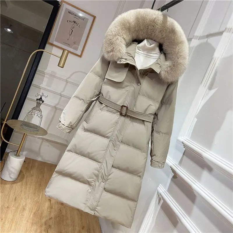 

2023 New Autumn Winter Fashion Women Down Coat Hooded Faux Fox Collar Warm Down Coat Casual Loose Belt Slim Long Down Jackets