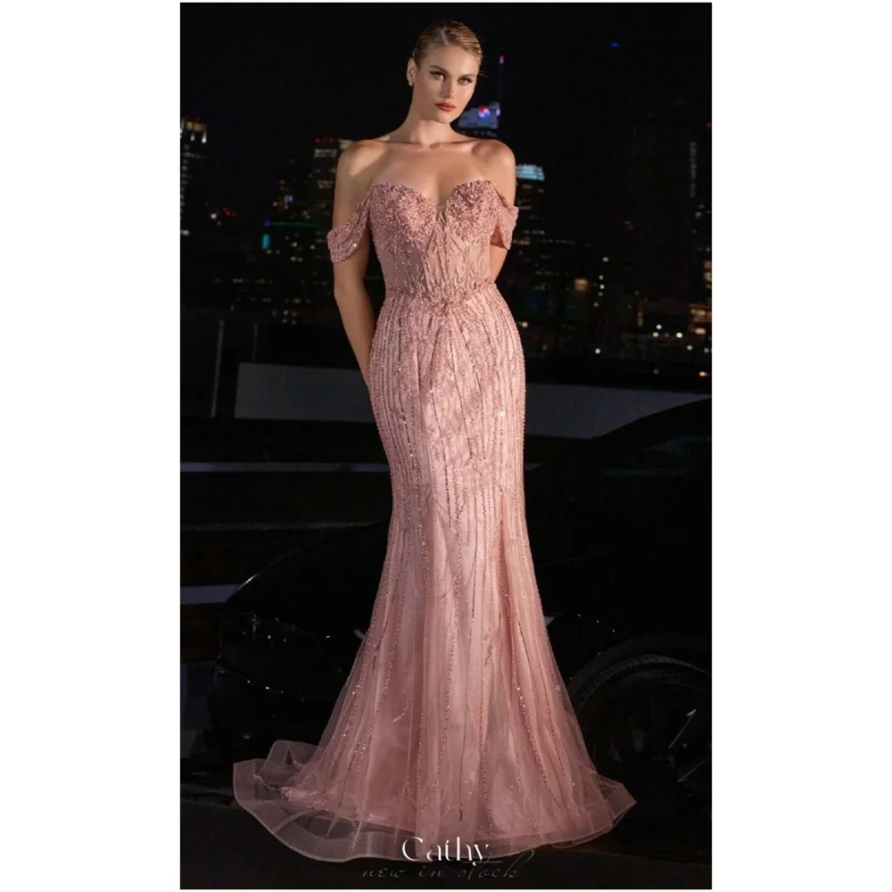 キャシー カスタムメイド ゴージャス オフショルダー マーメイド プロムドレス 絶妙なレース マーメイド ウェディングドレス フロア丈 フォーマル 2025