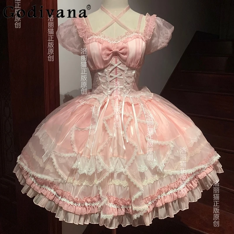 Japanese Girl Sweet Cute Lolita Princess Dress Women's High Waist Slim  Party Dress Lady Summer Elegant Bow Lace Mesh Pink Dress - AliExpress  200000345