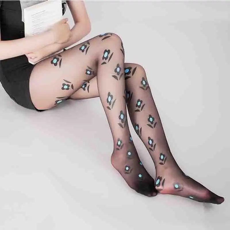 Simple Line-Drawing Small Flower Print Ladies Pantyhose Black Thin Hottie Lolita Playful Style Tights