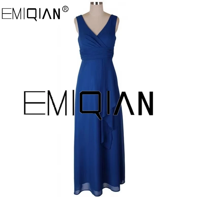 

Real Photos Simple V Neck Floor length Royal Blue Chiffon Wedding Party Dresses Bridesmaid Dress