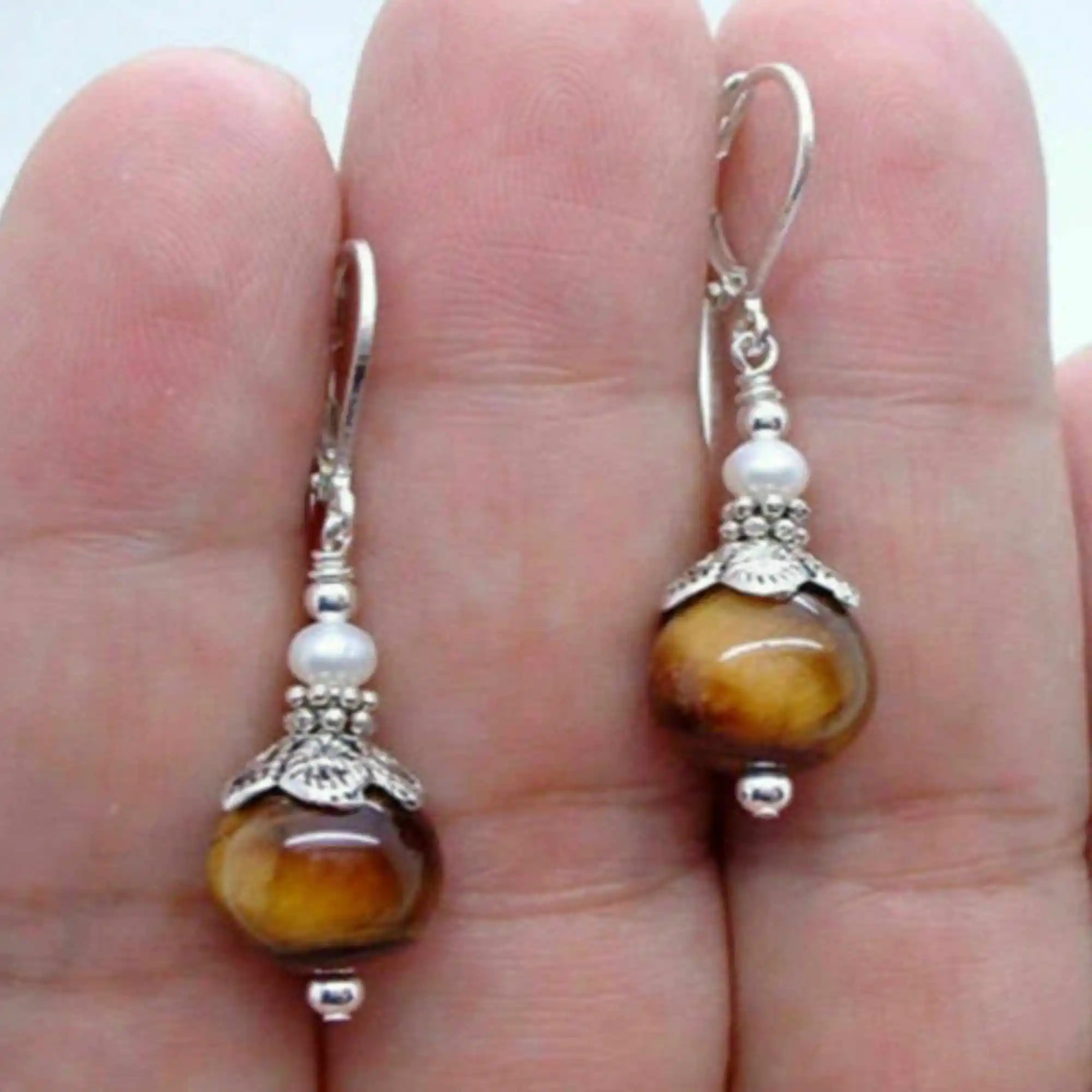 10mm natural brown round Tiger Eye White Pearl 925 silver earrings FOOL'S DAY Wedding Aquaculture New Year Hook VALENTINE'S DAY