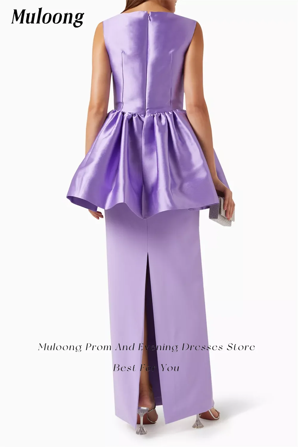 Muloong Purple Boat Neck Mermaid Midi Dress Ruffled Peplum Waist Ankle Length Classic Luxury Evening Dress Back Split Dress