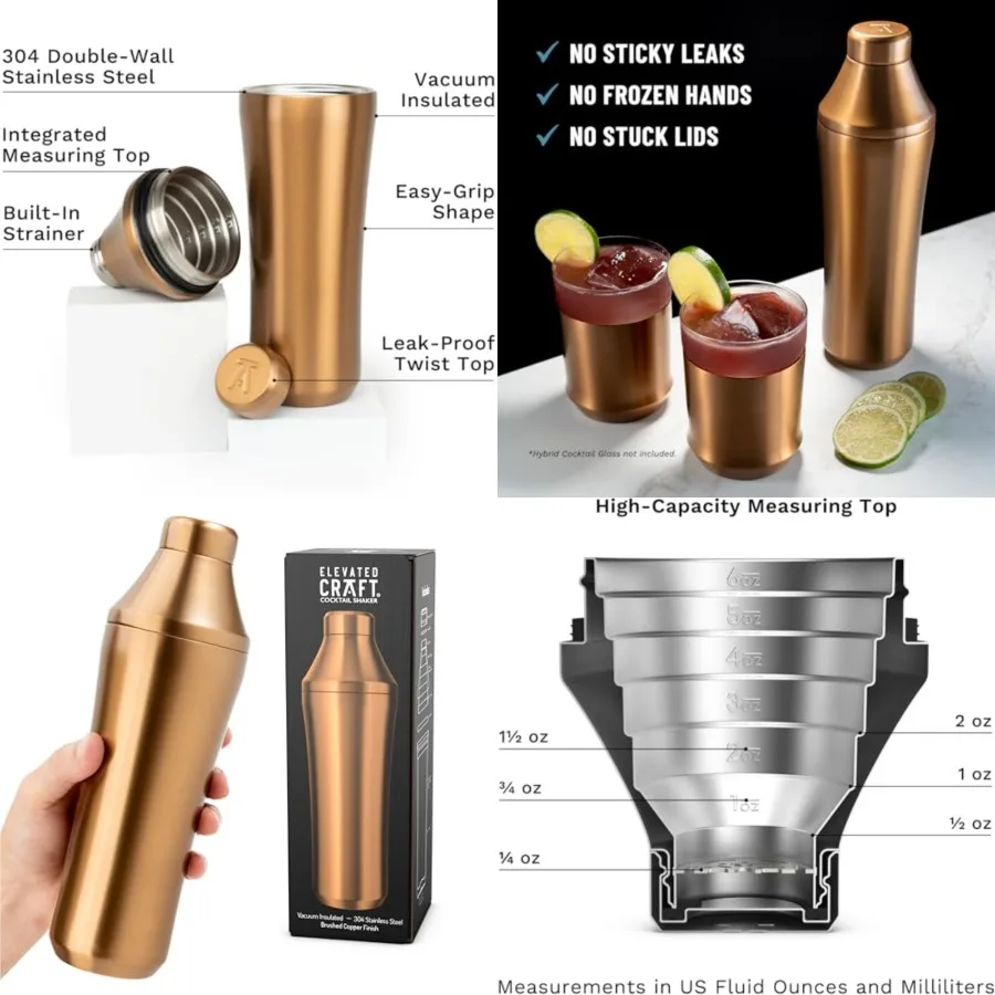 

Hybrid Cocktail Shaker - Premium Vacuum Insulated Copper Cocktail Shaker - Innovative Measuring System - Martini Shaker for the