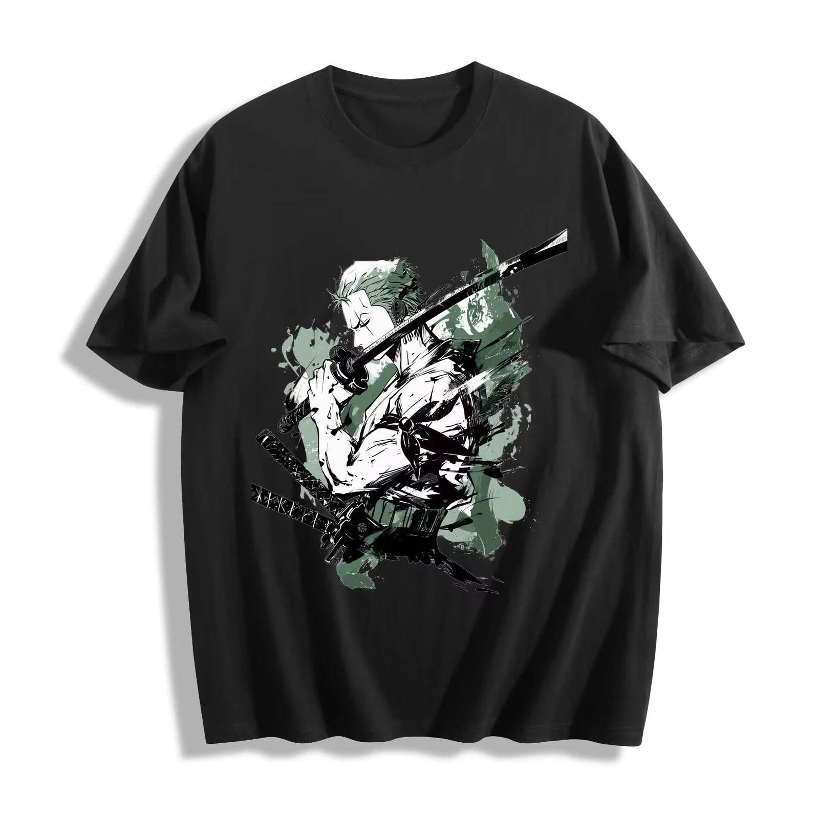 2026 Neujahr Zoro Anime T-Shirt – Ink-Style Grün-Schwarz-Design Unisex-T-Shirt, Herren-Rundhals-Kurzarmshirt