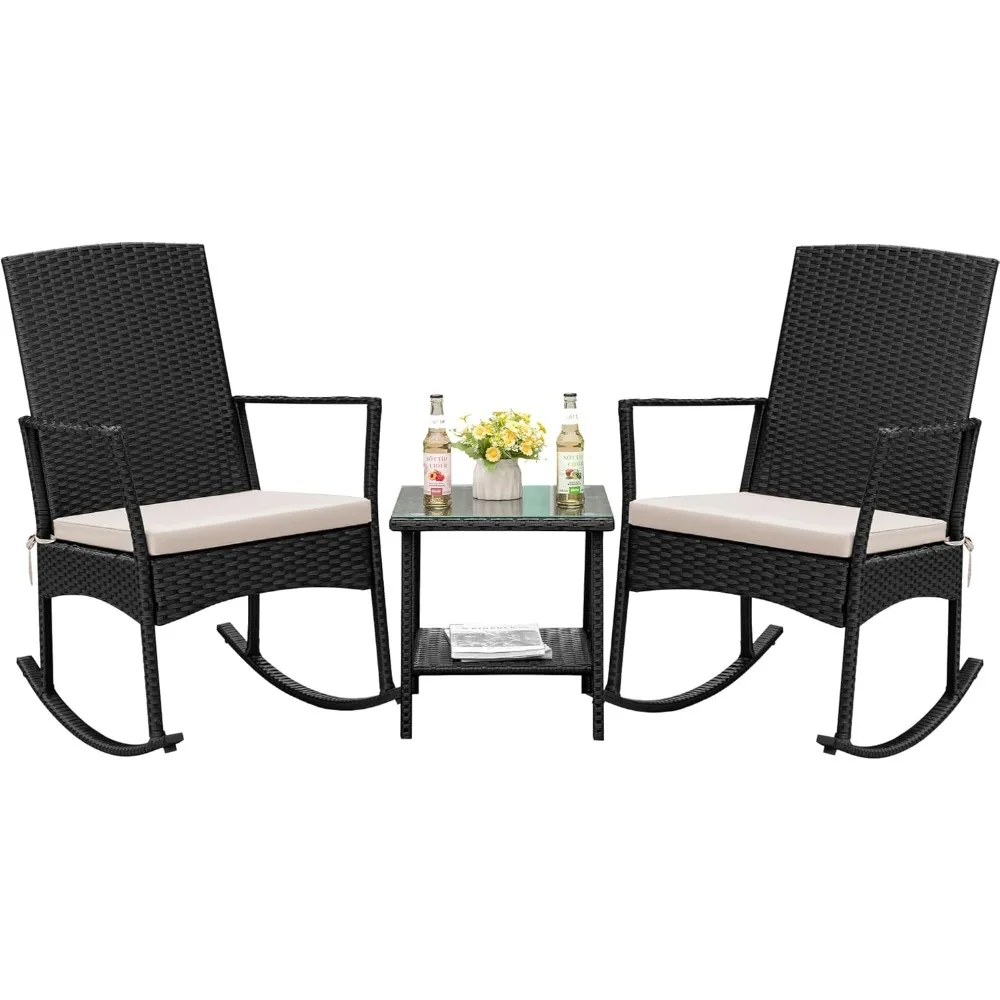 

Rocking Chair Outdoor PE Rattan Patio Chairs with Glass Table High Back Porch Rocker for Balcony, Garden, Backyard (Bei