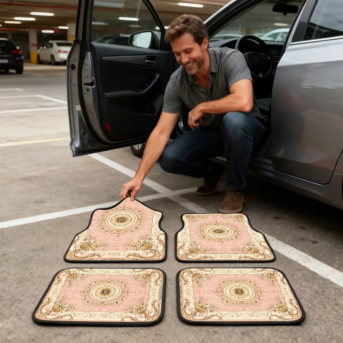 Pink Vintage European Palace Floral Rug Print Car Floor Mats 4 Pieces Universal Fit Waterproof Non Slip Auto Foot Mats For SUV view 4