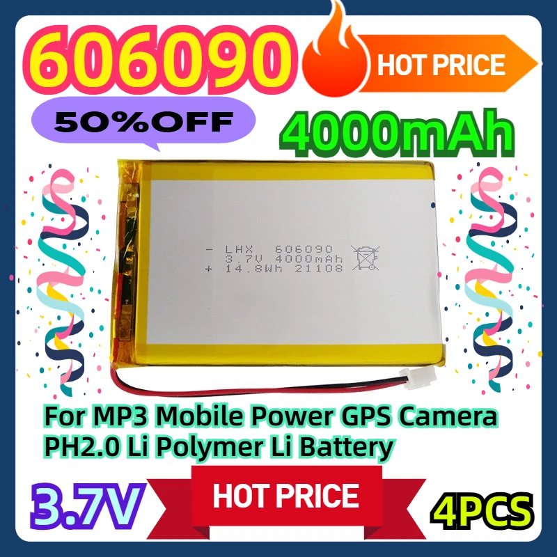 606090 3.7V 4000mAh 4pcs For MP3 Mobile Power GPS Camera PH2.0 Li Polymer Li Battery