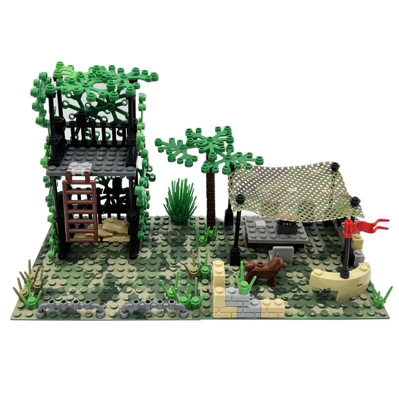 Moc Jungle Scene Military Field Command Camp Sentry Hidden Area Small Particle Block Assembly Play