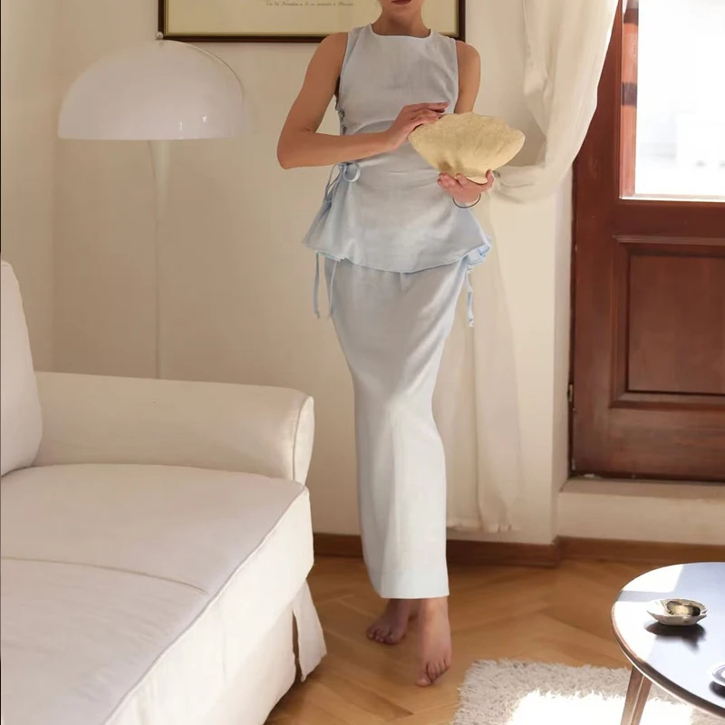 Lady Elegant Side Tie Up Vest+Skirt 2pc Set Chic Solid Waist Cinch Commute Suit Casual O-Neck Sleeveless Lotus Leaf Swing Outfit