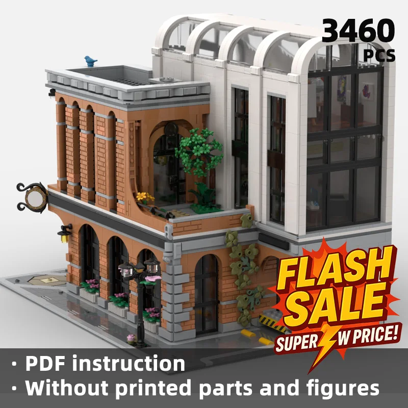 Street scene theme building blocks with a background of an American retro cartoon-style animated town