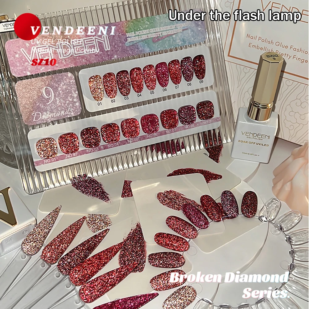 Vendeeni 9 Farben/Set Roter Glitzer-Broken-Diamond-Gel-Nagellack TPO HEMA-FREI Glitzer UV LED Soak-Off Gel-Lack mit Display – Detail 9