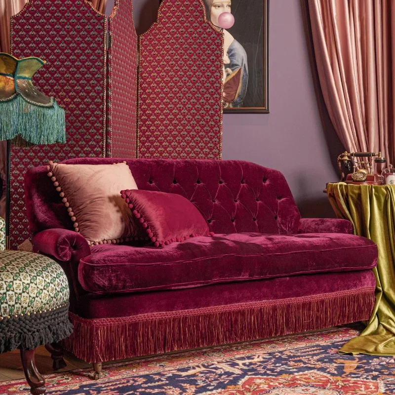Retro wine red velvet fringed sofa double art French designer pull button creative antique shop sofa