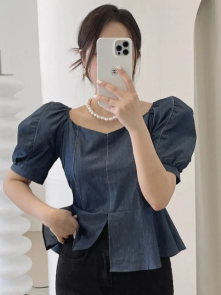

Retro Floral Trim Denim irt Women's Summer New Waist Cinching Slim ort Sve One oulder Top Commute Pure Color Bubble ...