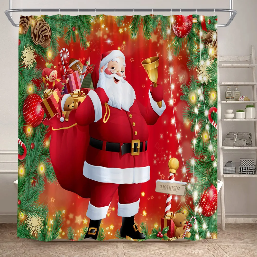 1 Or 4PCS Christmas Snowman Shower Curtains Red Bird Berry Rabbit Snowflake New Year Home Bathroom Curtain Decor With Hooks