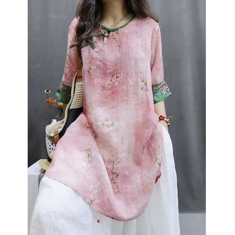 Haut en lin brodé rétro pour femmes, nouvelle collection d'été, longueur moyenne, fin, chinois, bouton latéral, slip, mélange de coton et de lin