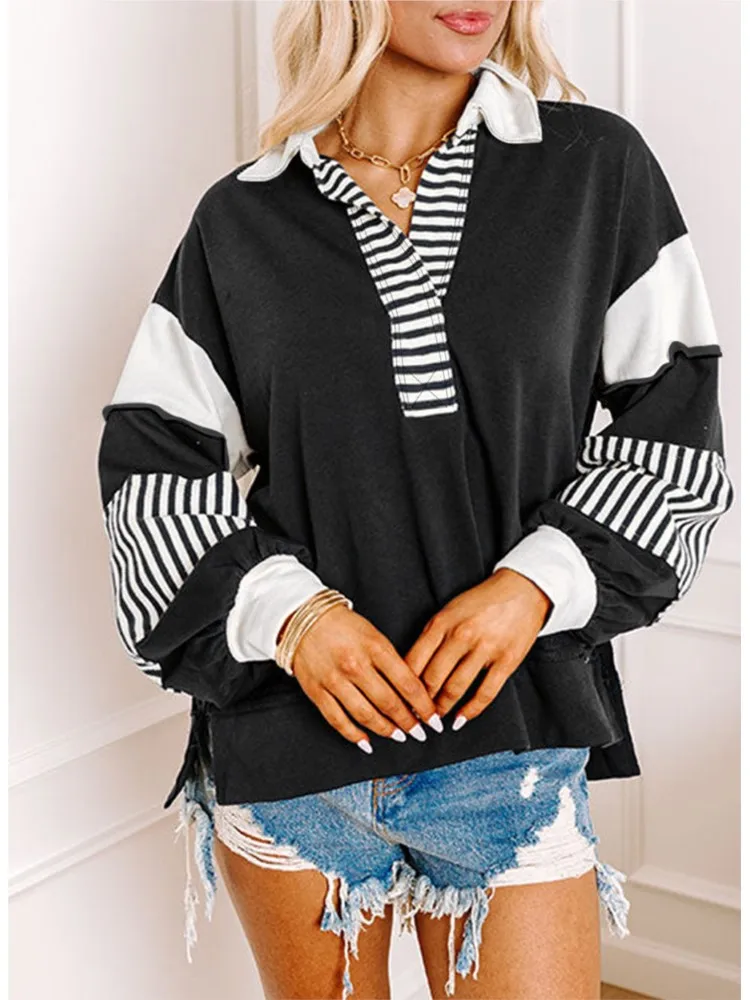 

Holiday Long Sleeve Tops Casual Versatile Pullover Striped Color Block Loose Sweatshirt Women Chic Pullovers Retro Style Top