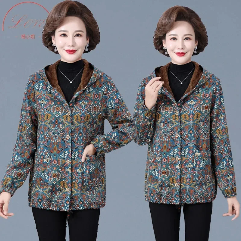 New Mother Autumn Winter Add Velvet Cotton-Padded Floral Plaid Coat Middle-Aged And Elderly Fashion Plus Size Slim Women's Coat