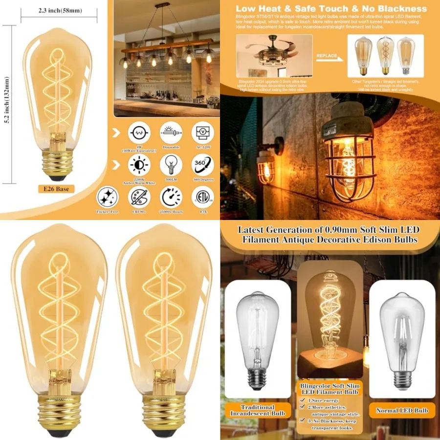 

E26 LED Vintage Edison Light Bulbs 40W Equivalent, Dimmable E26 4W LED Edison Bulbs 2200K Amber Warm Light Bulbs, ST58 Antique