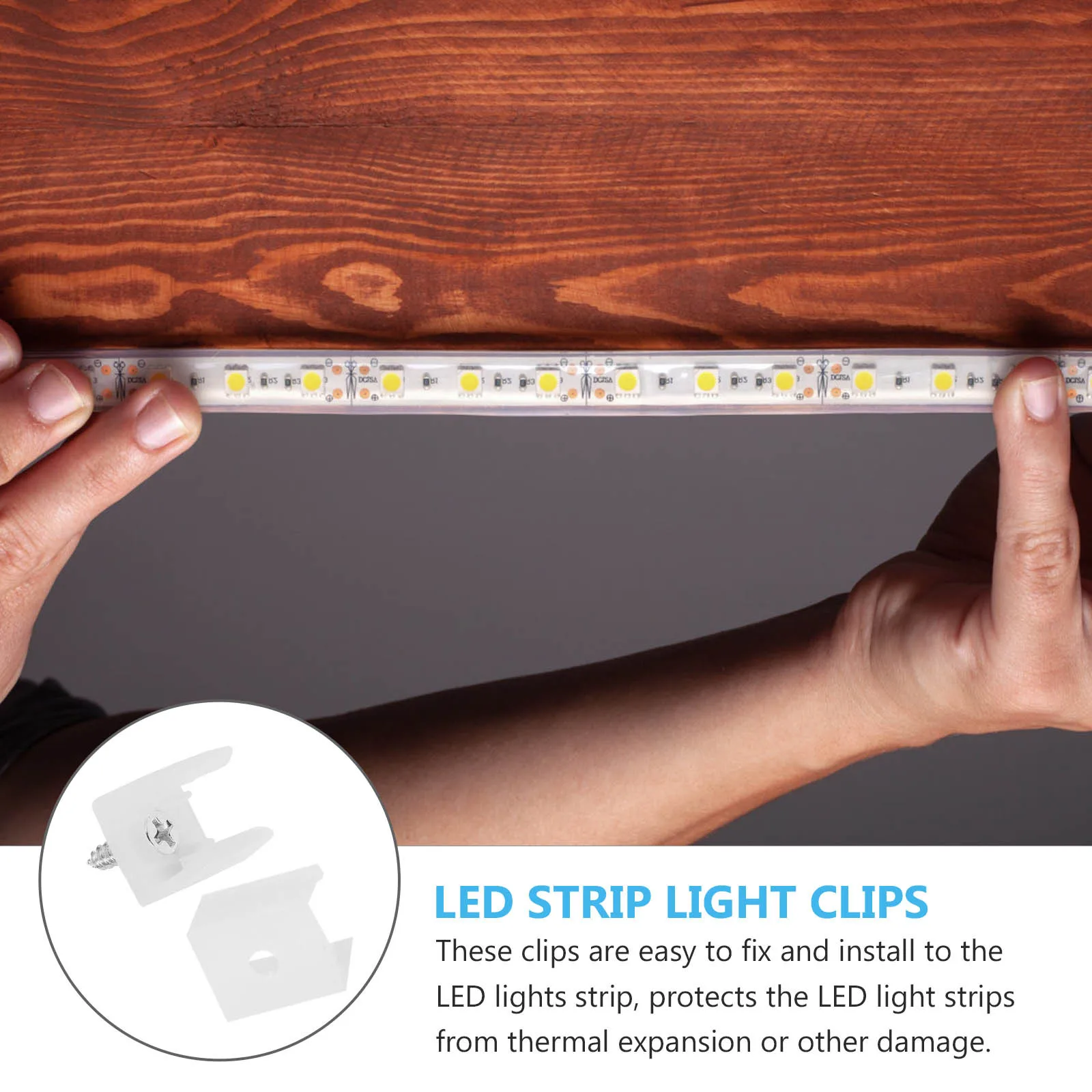 

100Pcs LED Light Strip Clips Plastic Fixing Clips Easy Install Stable Hold for LED Tape Lights Cabinets Counters Outdoors