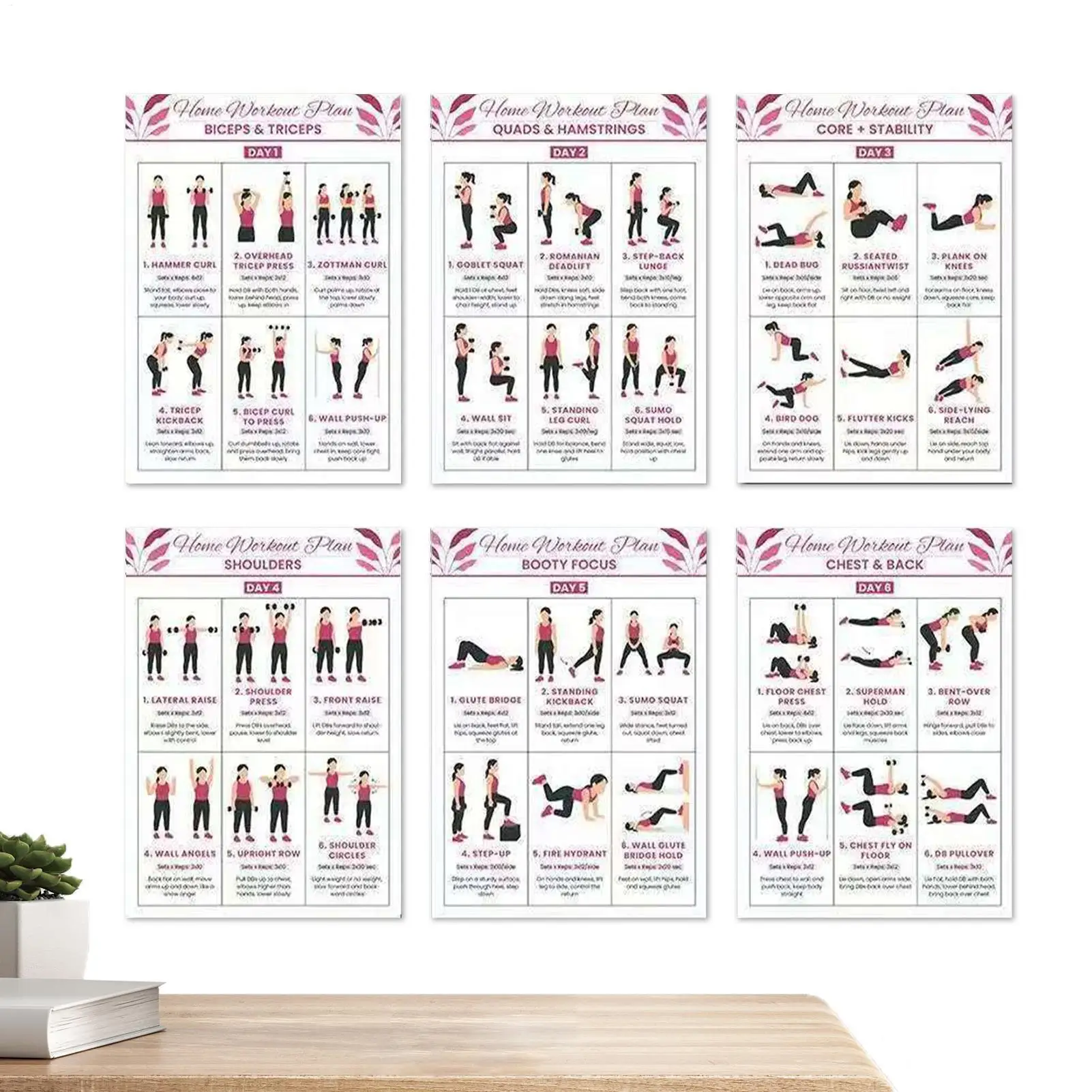 Póster de entrenamiento de 6 piezas, guía de Fitness para gimnasio en casa de cuerpo completo, tabla de acción de ejercicio con mancuernas para Yoga, dormitorio, oficina, apartamento y dormitorio
