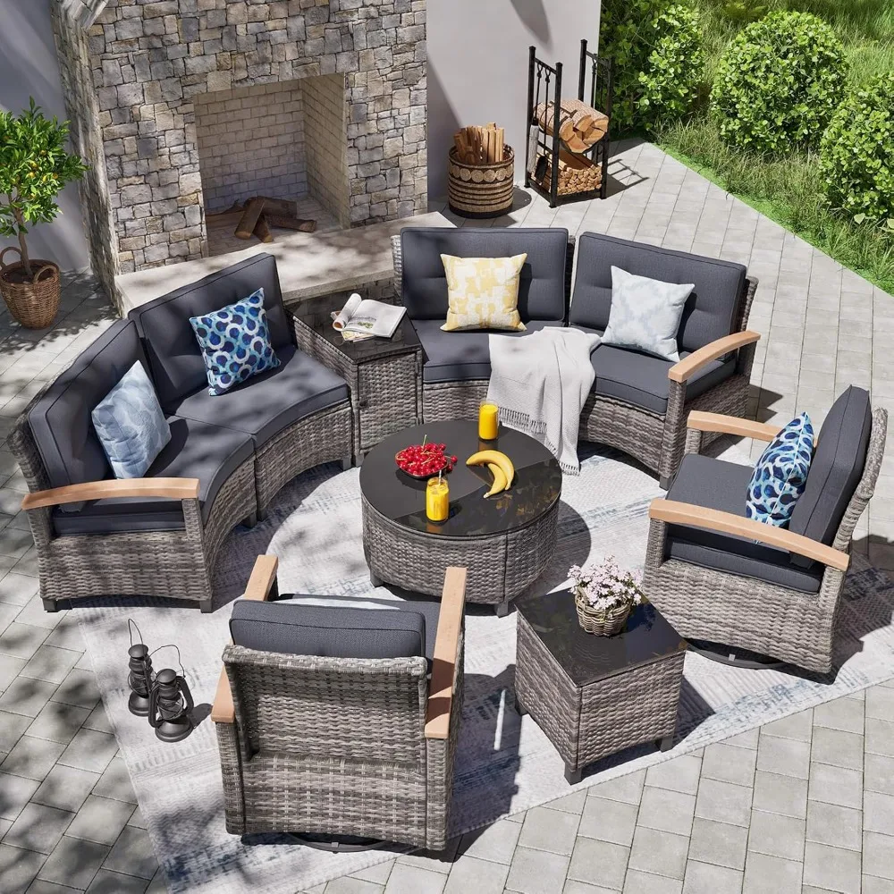 

9-Piece Outdoor Patio Furniture Set, Half-Moon Curved Sectional Set with Wood Armrests, Patio Conversation Set, Tempered Glass