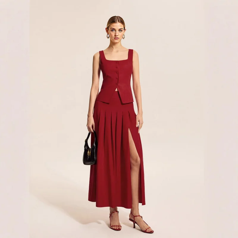 

2025 Summer New Set Three-Dimensional Tailoring Waist-Cinching Sleeveless Vest Skirt Large Flared Slit Skirt Casual