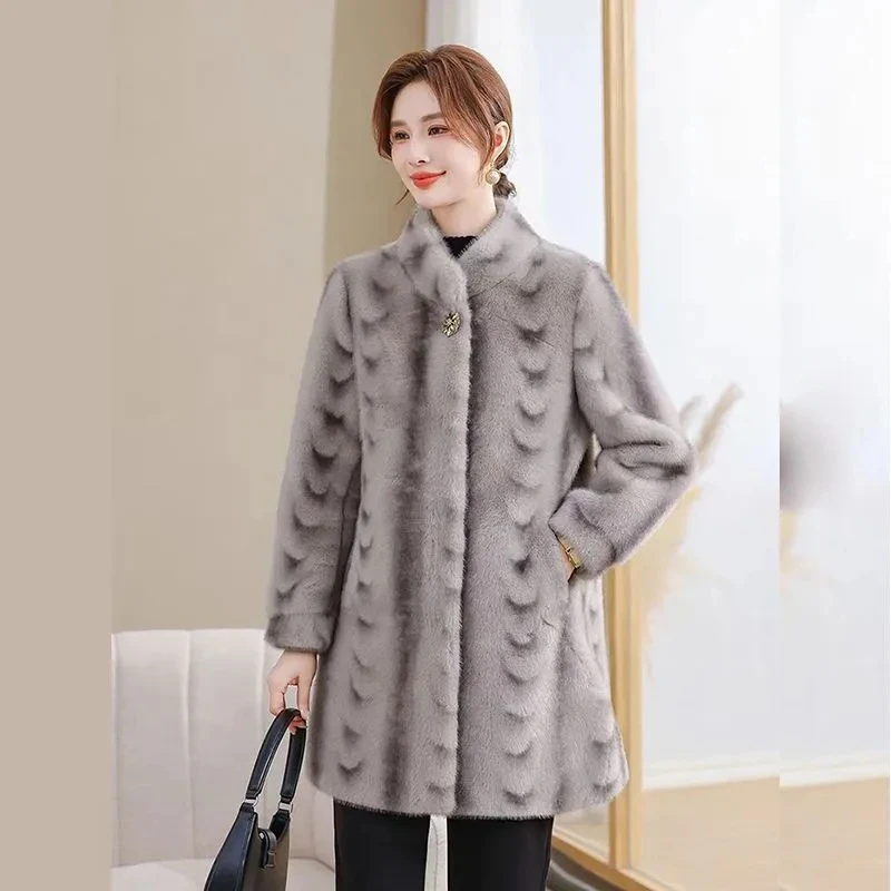 2025年冬新作 ファー一体型ミンクファーコート ファッション 中高年女性向け ミディアム丈 厚手フェイクファーコート レディースパーカー オーバーコート