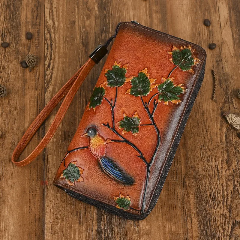 Johnature Vintage Wallet Card Holder 2026 New Genuine Leather Embossed Women's Long Wallets Real Cowhide Hand Purse