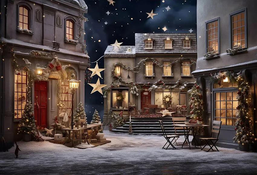 Mehofond Christmas City Street Backdrop Photography Winter Snow Golden Star Lights House Outdoor Kids Portrait Photo Background