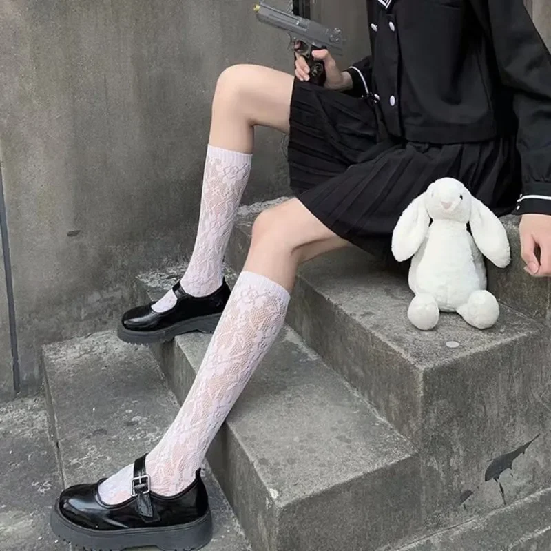 Lolita Long Tube White Lace Mesh Female Fishnet Cute Stockings Middle-tube Knee Socks Thin Section Student JK Girls Black Sexy