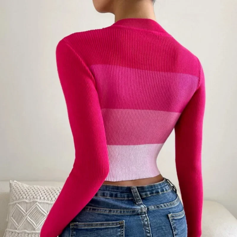 Sweater Women Slim Fit Striped Stand Collar Pullovers Knitted Pullover Spliced Crop Top Short Sweaters Autumn Slight Strech