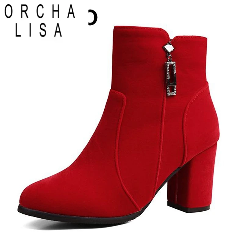 

ORCHA LISA Mature Female Ankle Boots Round Toe Chunky Heels 7.5cm Zipper Metal Decoration Plus Size 50 51 52 Women Wedding Bota