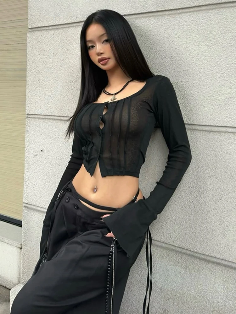 

Whatiwear Wild Spring Trend Crop Top Women Hottie Thin Single Breasted Full Sleeve U-Neck Sexy Simple Stretch Skinny Clubwear