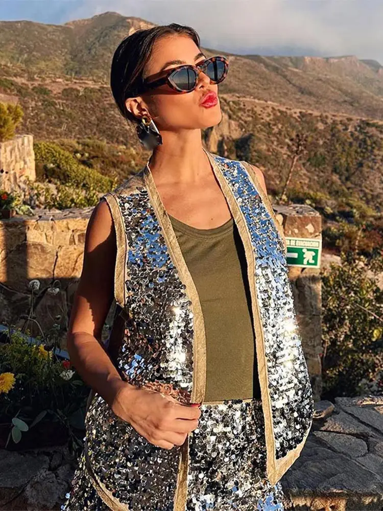 

Elegant Sparkling Sequinned Women's Mini Dress Suit Chic Patchwork V-neck Cardigan Vest Set 2024 Female Vacation Travel Outfits