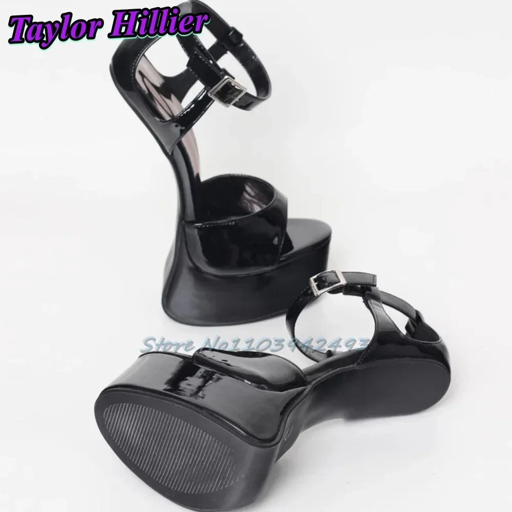 Black Patent Leather Heeled Sandals Hoof Heels Platform Open Toe Bright Solid Super High Heel Women Pole Dance Nightclub Shoes