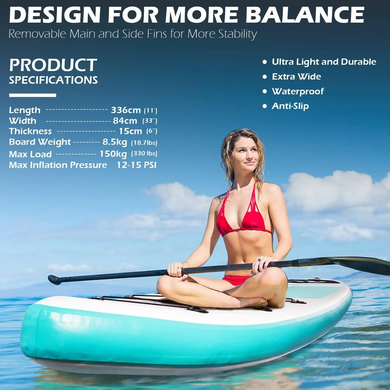 Inflável Stand Up Paddle Board, ajustável Paddle, mochila, saco impermeável, trela, extra larga, 11 "x 33x6