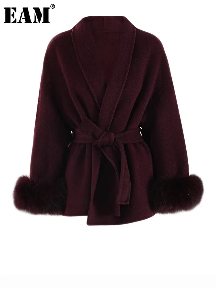 [EAM] Wine Red Fur Cuff Big Size Belted Woolen Coat New Lapel Long Sleeve Women Jacket Fashion Tide Autumn Winter 2025 CPG2347