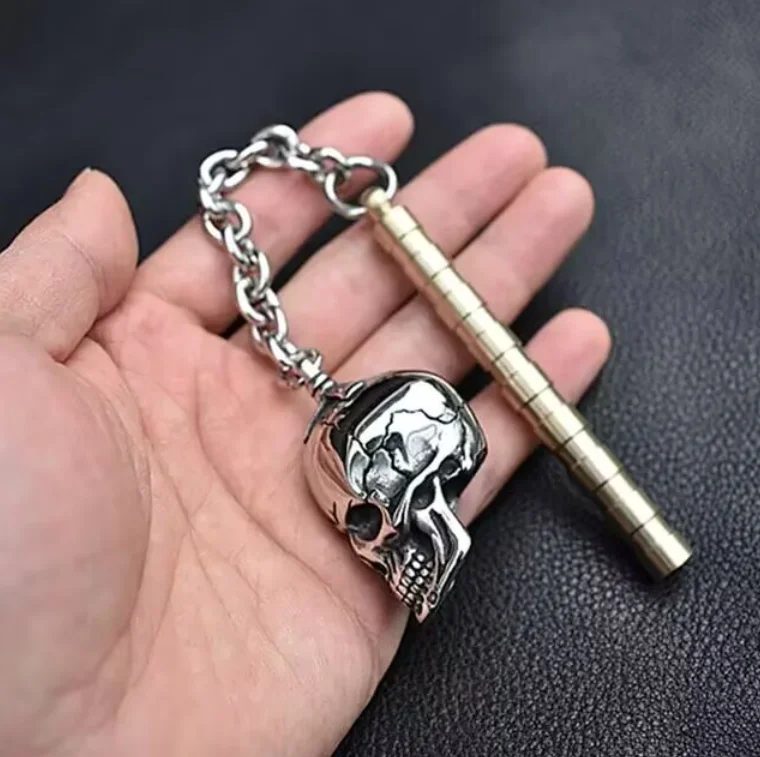 Miniature Stainless Steel Skull Head Chain Brass Stick Handle Kung Fu Hand Toy 1