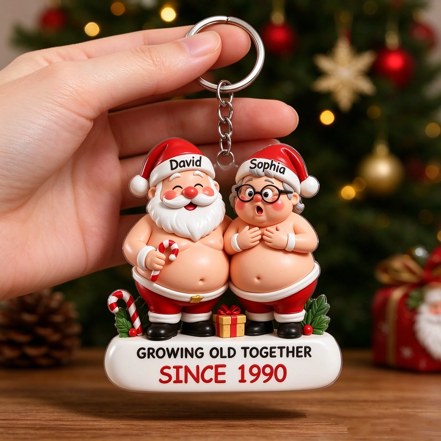 Personalized Custom Name Christmas Old Couple Acrylic Keychain, Key Ring, Santa Couple Pendant, Anniversary Christmas Gift