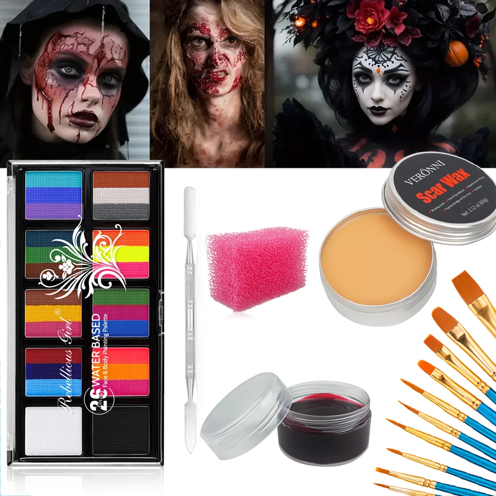 

6 шт. SFX набор для макияжа, 26 цветов, краска для лица и тела, специальный эффект, Хэллоуин, вечерние рана; Шрам с шпателем, плазменная губка