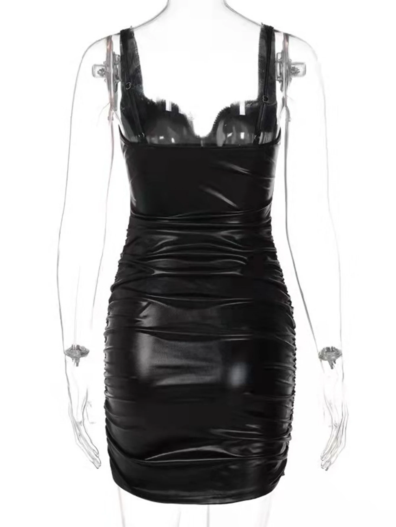Minivestido Sexy de cuero negro con espalda descubierta para mujer, vestido de fiesta de cumpleaños con diamantes de imitación para club, vestidos de noche cortos ajustados