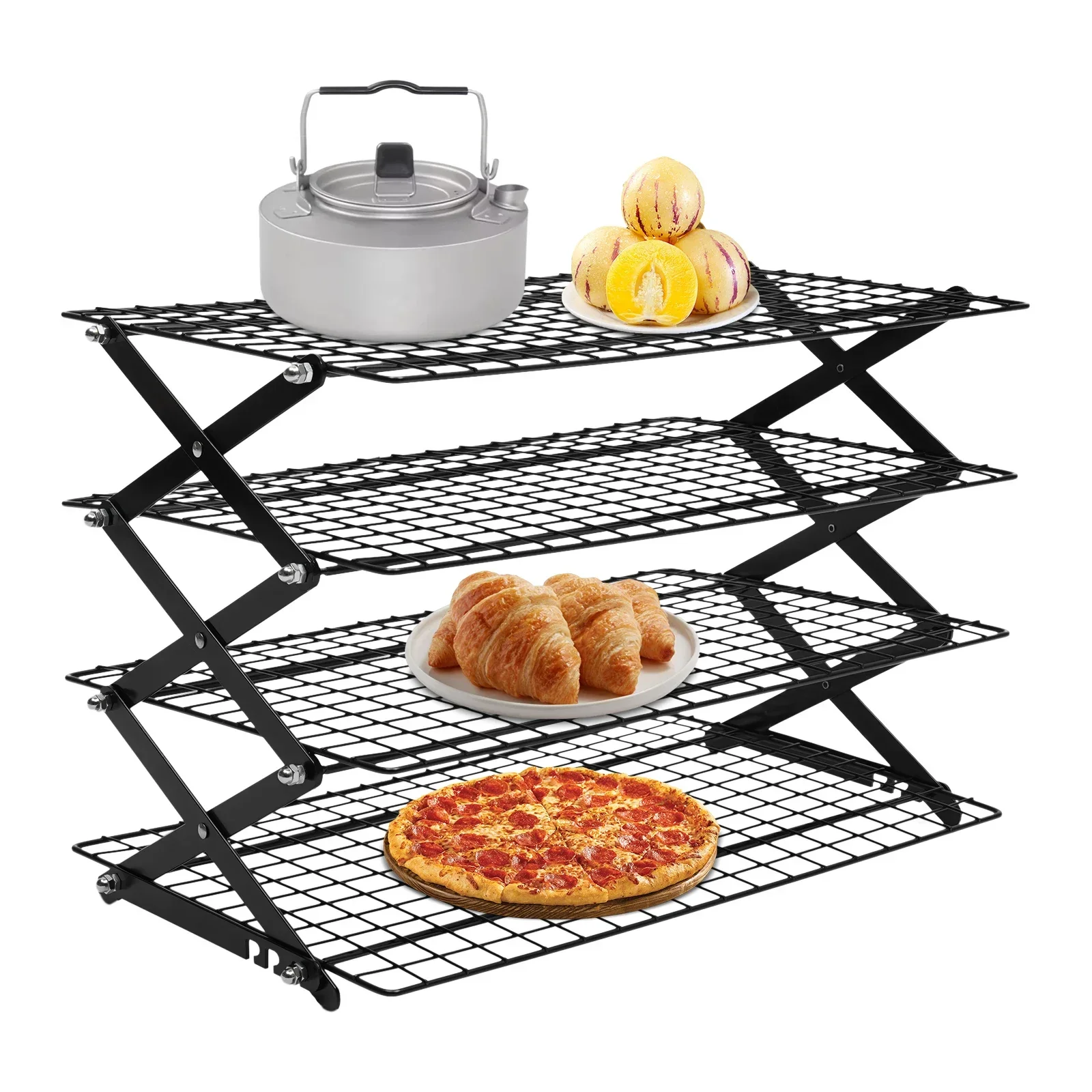 4-Tier Collapsible Cooling Rack Adjustable Roasting Cooking Drying Wire Barbecue Storage Display Shelf for Cookies Baking Picnic