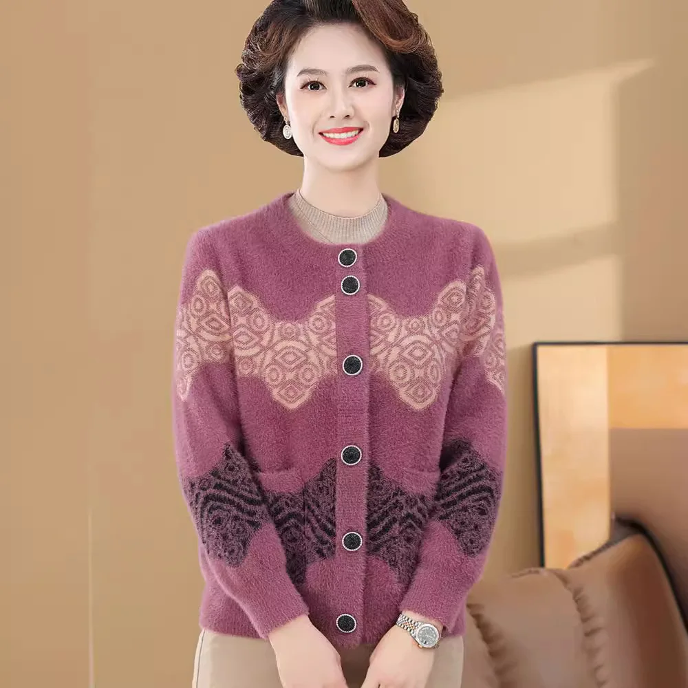 

Spring Autumn Women Imitation Mink Velvet Jacket New Middle-aged Clothes Long Sleeve Knitted Cardigan Sweater Jacket Female Top